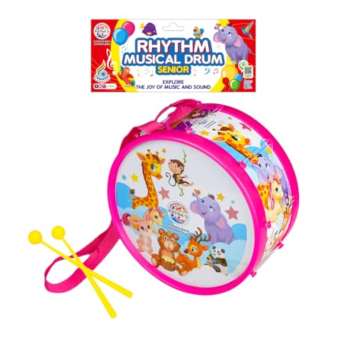 Image of Ratna's Rhythm Musical Drum Senior Kids Musical Drum Set with 2 Sticks & Hanging Strap, Colorful Animal Designs, Educational Toy for Kids 3+ Years