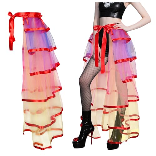 iHUFeather Victorian Steampunk Bustle Skirt Layered Tie on Belt Tulle Tutu Long Overskirt for Women(Rainbow)