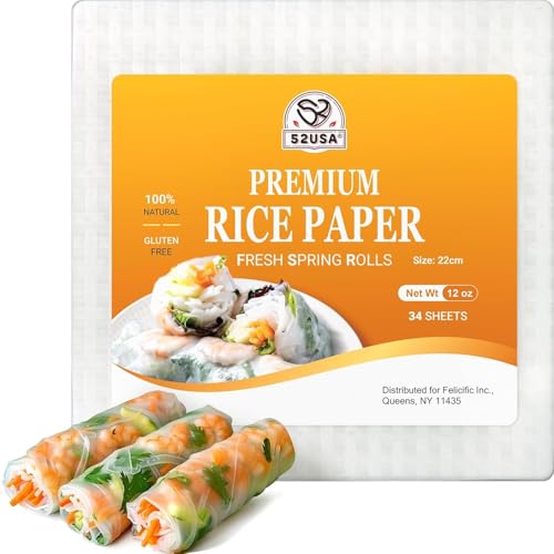 52USA Square Rice Paper, White Rice Paper Wrappers-34 Sheets*50Packs, Fresh Spring Roll Wrappers & Dumplings, Gluten-Free Wonton Wrappers, Vegan, Low Carb, Vietnamese Rice Wraps (22cm, 12 oz), 1 Box