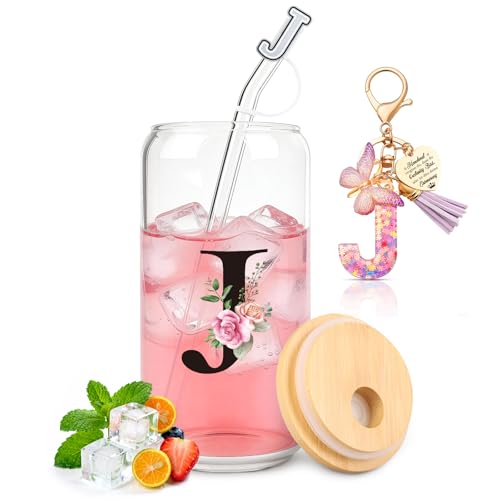 TUZELIYA J Personalisierte Geschenke mit Buchstaben Glasbecher mit Deckel & Strohhalm + Schlüsselanhänger Buchstabe Geschenk für Frauen & Mädchen Geburtstag Valentinstag & Weihnachten