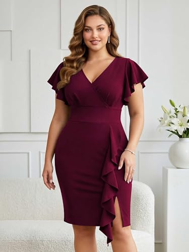 Image of Miusol Women's Plus Size Vintage V Neck Ruffles Sleeve Bodycon Business Cocktail Party Pencil Dress