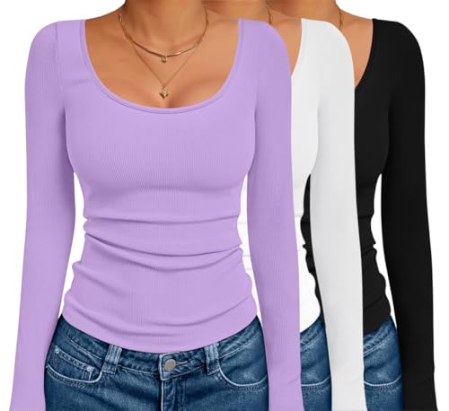 Ekouaer 3 Pack Long Sleeve Shirts for Women Scoop Neck Ribbed Thermal Tops Slim Fit Basic Undershirts Black/Purple/White L
