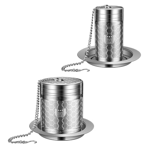 2Pack Tea Infusers for Loose Tea, Extra Fine Mesh 316 Stainless Steel Tea Strainers, Loose Leaf Tea Steeper Tea Diffuser Tea Holder with Extended Chain Hook and Drip Tray (Large + Extra Small)