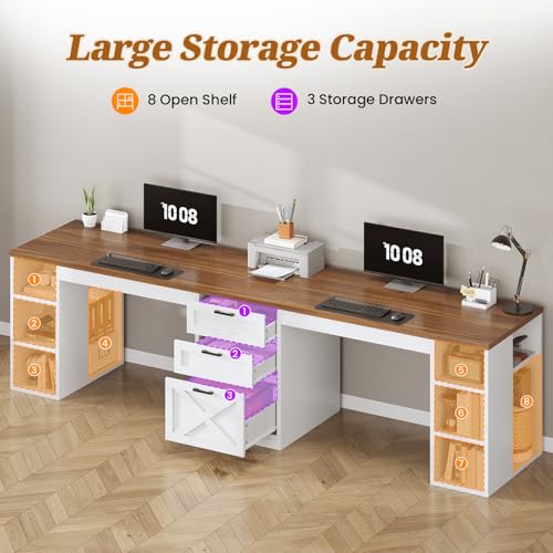 SEDETA Farmhouse 96.5" Computer Desk with Drawers, 2 Person Home Office Desk, Gaming Double Desk with Storage Shelves, Long Two Person Writing Desk (White and Brown) - Image 6