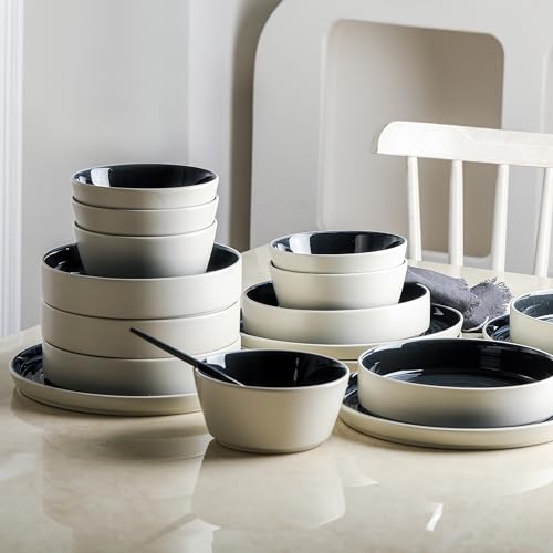 Stone Lain Elica 12-Piece Modern Dinnerware Set Stoneware, Plates and Bowl Sets for 4, Black and Beige by Stone Lain - Image 3