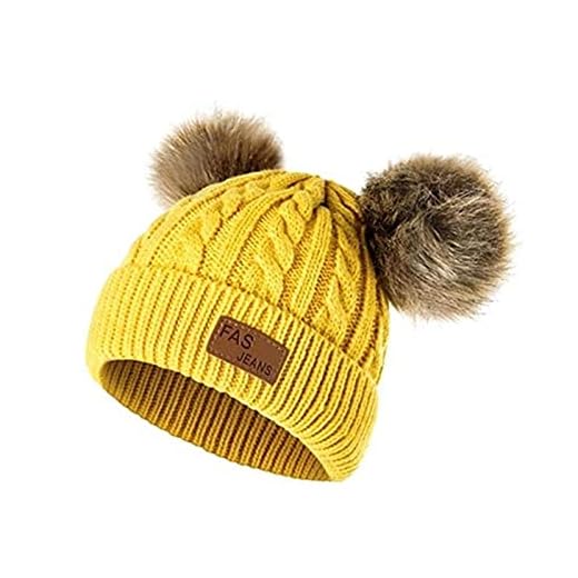 Barnmössor för män och kvinnor, varma fleecemössor av ull för flickor stickad hatt varm pälsboll baby vinter stickad mössa barn mössa mössor, GUL, L