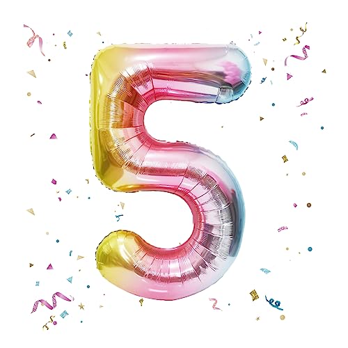 Image of 40 Inch Giant Rainbow Number 5 Balloons, Birthday Balloons, Helium Mylar Foil Big Number Balloons for Birthday Party Decorations, Kids' Birthday Anniversary Party Baby Shower Unicorn Parties