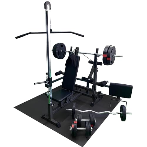 GORILLA SPORTS® Banc de Musculation Multifonction - Set Haltère 100kg, avec Support Barre, Tirage LAT, Butterfly, Tapis de Protection, Max 280kg - Banc d'Haltérophilie, Entraînement, Complet, Fitness