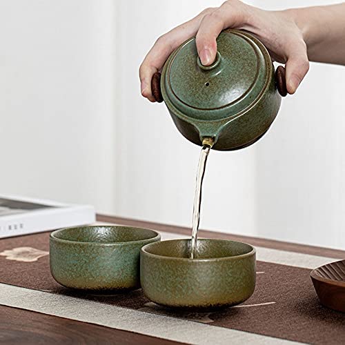 Ceramiczny Zestaw Do Herbaty | Czarno-zielona podróż: chińska ceramika 1 garnek 2 filiżanki z torbą do przechowywania(Green)