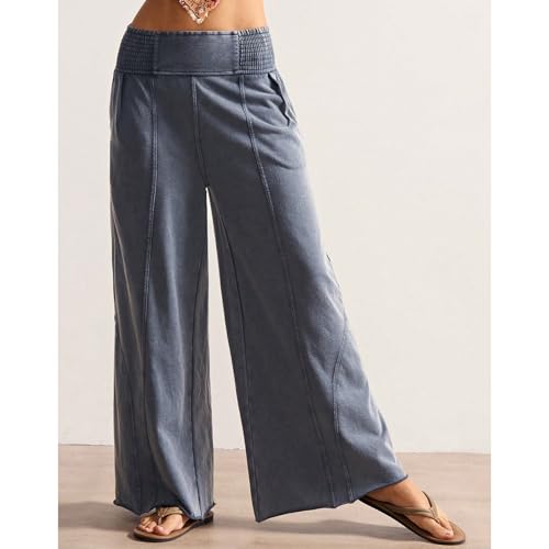 Womens Wide Leg Washed Pants Palazzo Casual Sweatpants Elastic Waisted Lounge Baggy Trousers with Pockets4