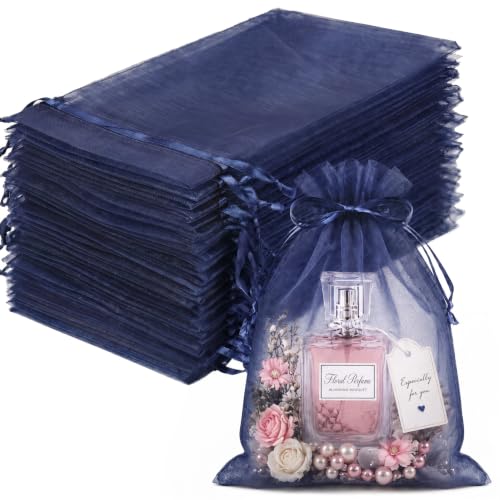 Image of FUNFERY 100PCS Navy Blue Organza Gift Bags 4x6in,Drawstring Jewelry Pouch