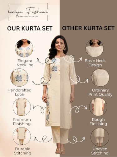 Image of Leriya Fashion Cotton Kurta Set for Women | Kurta Sets for Woman - Office Wear Kurti Set for Women Embroidery Kurti for Woman, Straight Kurtis Pant Set with 3 /4 Sleeve