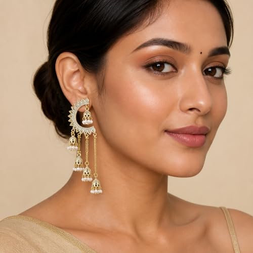 Image of WORLD CRAZE Multicolour long kashmiri jhumka for women chandbali earrings chand baliyan | kashmiri earrings for women | bahubali earrings stylish | Traditional Indian Festive Jewelry | Long Chain Tassels | Pearl Drop Latkan Jewellery (Multi colour)