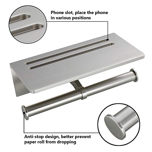 Smarthome Toilet Paper Holder - Aluminium Double Roll Toilet Tissue Holder With Mobile Phone Shelf For Bathroom, 3M Self Adhesive No Drilling Or Wall-Mounted, Rustproof Modern Style Brushed Nickel #TOP3