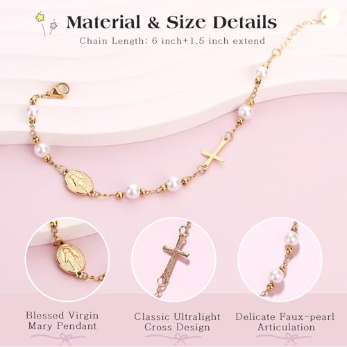 Image of Catholic Cross Bracelet for Girls Charm Bracelet Jewelry Gift for Women First Communion Baptism Confirmation Gifts for Girls Stainless Steel Imitation Pearl Rosary Bracelet (Gold)