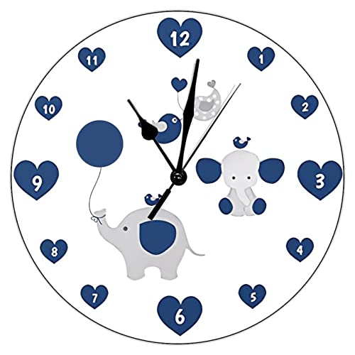Elephant Navy Blue Gray Baby Boy Nursery Funny Wall Clock 10x10 inch Silent Non-Ticking PVC Clock Battery Operated Bedroom Living Room Home Wall Hanging Decor Art