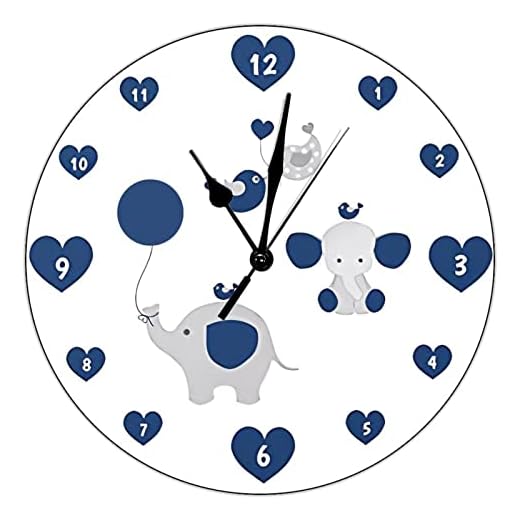 Elephant Navy Blue Gray Baby Boy Nursery Funny Wall Clock 10x10 inch Silent Non-Ticking PVC Clock Battery Operated Bedroom Living Room Home Wall Hanging Decor Art