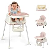 LALAHO Trona 3 en 1 para bebé, silla alta portátil de altura ajustable con bandeja extraíble de doble capa, arnés de seguridad de 5 puntos y ruedas de bloqueo para niños pequeños y bebés, color rosa