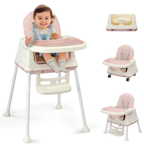 LALAHO Trona 3 en 1 para bebé, silla alta portátil de altura ajustable con bandeja extraíble de doble capa, arnés de seguridad de 5 puntos y ruedas de bloqueo para niños pequeños y bebés, color rosa