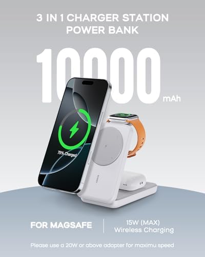 RORRY Portable Charger, 3-in-1 Charging Station 10000mAh Portable Charger Power Bank for MagSafe Foldable Battery Pack Travel for iPhone 17/16/15/14/13/12, for Apple Watch 11/10/9/8/7/Ultra/3/2, White - 1