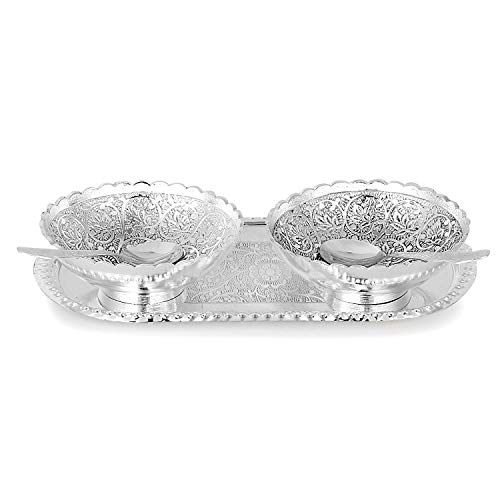 Zap Impex Engraved Silver Brass Bowl Tray and Spoon Set Gift Set, SLVRTRAYBOWL-1, 22 cm (W) x 6 cm (H) - Image 4
