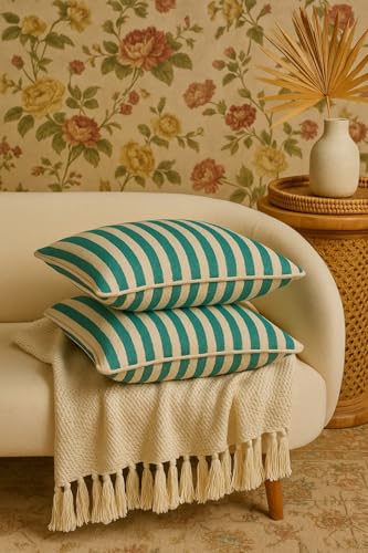 Image of 100% Cotton - Turquoise & White Stripes Cushion Covers Set of 1 (16 x 16 inches) - Cushion Covers for Sofa & Living Room Decor