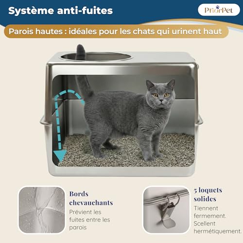 Bac litière pour chat acier inoxydable premium grand format clos