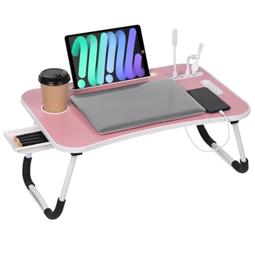 23.6 inch Portable Bed Desk, Folding Lap Desk with 4 USB Ports, Wind Fan, LED Light, Cup Holder and...