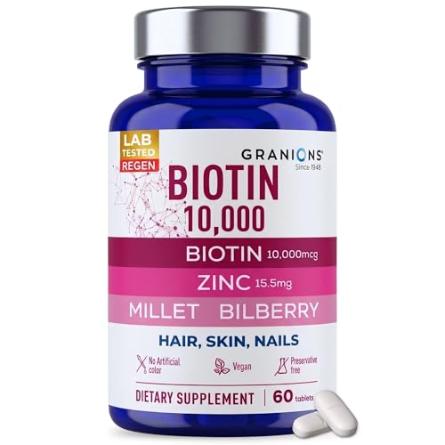 Granions Biotin 10,000 mcg Hair, Skin and Nails Pills - Extra Strength Biotin Complex with Zinc, Selenium, Millet, Bilberry, Aminos - Hair Growth Vitamins Supplement for Women & Men - 60 Tablets