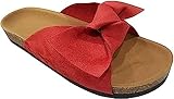 FFMA Sandals for Women Wide Width Slide Sandals Ladies Dressy Summer Casual Cute Bow Tie Knot On Top Strap Comfy Slip On Cork Foot Bed,Red,10
