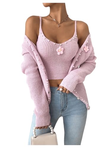 MakeMeChic Women's 3D Floral Pearls Cute Cardigan Sweaters Open Front Long Sleeve Knit Outwear