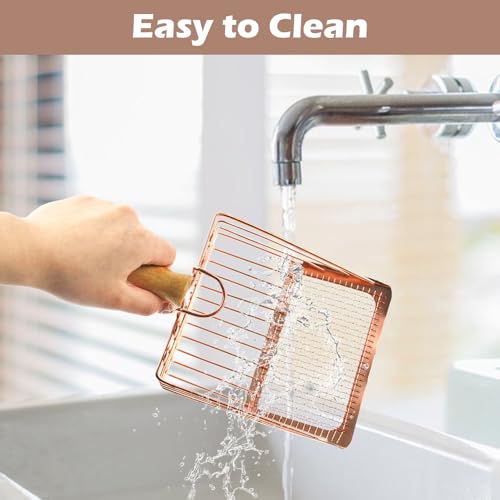 Image of Metal Kitty Litter Scoop,Fast Sifting Litter Scooper for Cats,Cat Poop Scooper with Wood Handle & Hook Rose Gold Solid Two Mesh Kitten Deep Shovel