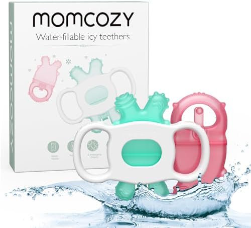 Momcozy Baby Teether Toys | Food Grade Silicone Teething Relief 0-6 Months | Toy 6-12 Months | Baby Essential | Green and Pink