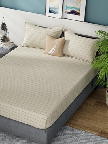 Image of NAUTICA Super Soft 100% Cotton King Bedsheet with 2 Pillow Covers -3pc Set (Bradford) | 160TC | Super Soft Touch Stripe-Coffee /Brown