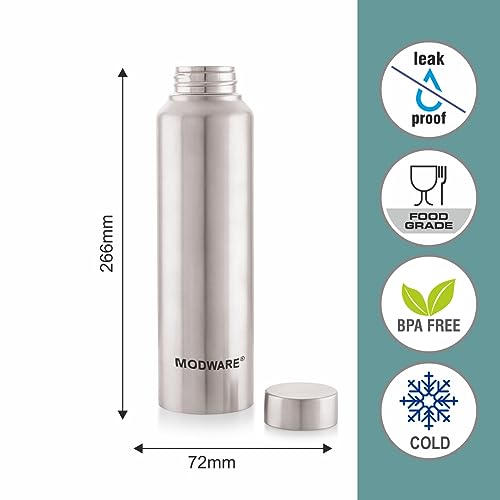 Image of MODWARE Kodaq Stainless Steel Water Bottle 1000 ml, Single Walled, ISI Certified I Leak Proof Lid, Rust Proof I Fridge Bottle I for School, Office, Gym
