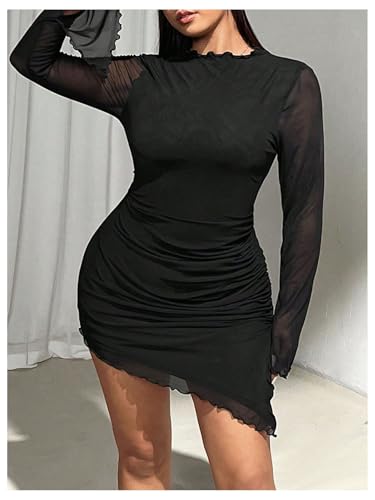 Women's 2025 Plus Size Bodycon Dresses Long Bell Sleeve Fall Dress Mesh Sheer Ruched Party Club Mini Dresses3