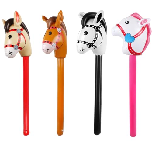 GYTFOG 4 Pcs Inflatable Horse Stick Toys Cute Horse Head Stick Balloons 21×95cm Inflatable Hobby Horse Balloon Sticks Fun Party Decor Supplies for Themed Birthday Party (Red Borwn Black Pink)