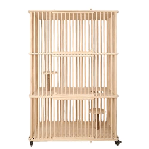 SOLLENT猫ケージ 猫 ゲージ キャット 1段 /2段 /3段 猫用猫ハウス 室内用猫のゲージ 木製 天然木 無塗装 大型 全体が開放的で透明スリム キャスター 多頭飼い 組立簡単 (スクエアトリプルデッキ)