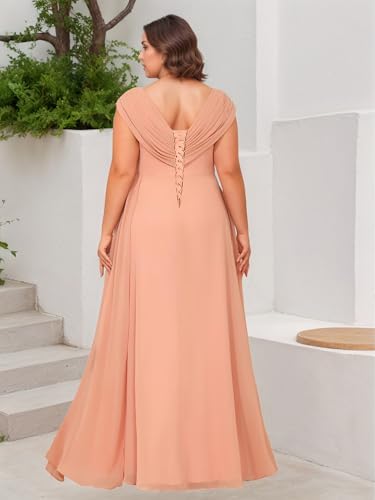 Long Chiffon Mother of The Bride Dresses Plus Size for Women V Neck Pleated Wedding Guest Gowns with Pockets LB1132