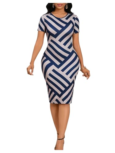 Milumia Women's Geo Print Short Sleeve Bodycon Midi Dress Round Neck Pencil Dresses