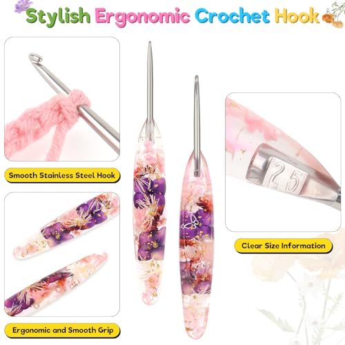 Image of Katech 2.5mm Crochet Hook for Arthritic Hands,Hand-Polished Stainless Steel | Ergonomic Crochet Hooks with Customized Sparkle Dried Floral Grip, Smooth Tapered Hook-Crochet Gift for Beginner & Crocheter
