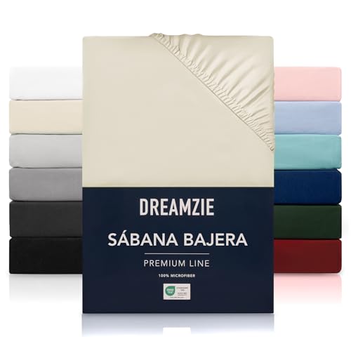 Dreamzie Sabanas 133x190 cm - Grandes Solapas de hasta 33 cm - 100% Microfibra - Beige - Certificada sin Productos Químicos (Oeko Tex), Sabanas bajeras Completamente Elásticas