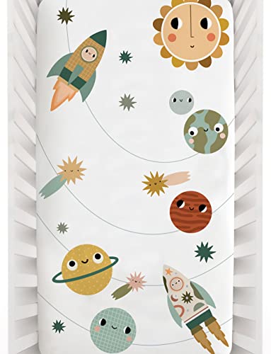 Image of Rookie Humans 100% Cotton Sateen Fitted Crib Sheet: Space Explorer. Modern Nursery, Use as a Photo Background for Your Baby Pictures. Standard Crib Size (52 x 28 inches)
