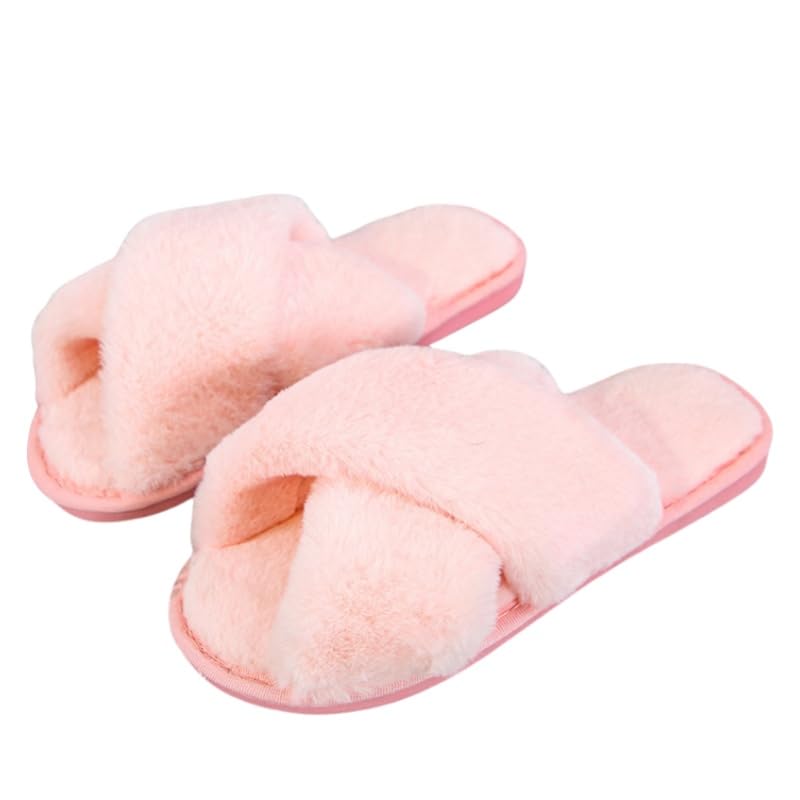 Fluffy and interlaced fashionable women's slippers. Warm and comfortable. Thick PVC sole for added durability and slip resistance.