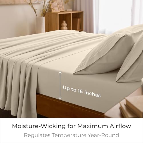 Image of Mellanni Queen Sheets Set - 4 PC Iconic Collection Bedding | Hotel Luxury, Extra Soft, Cooling Bed Sheets - Wrinkle, Fade, Stain Resistant (Queen, Beige)