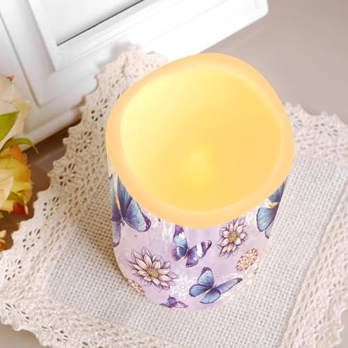Image of Purple Butterfly Floral Plastic Flameless Candles with Remote Control and Timer LED Flickering Battery Electric Pillar Candles for Table Home Decoration