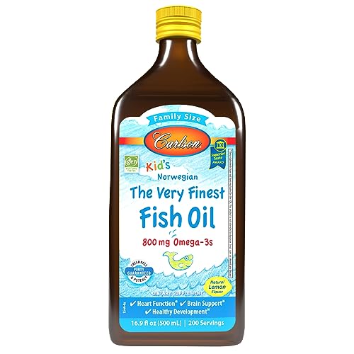 Carlson - Kid's The Very Finest Fish Oil, 800 mg Omega-3s, Liquid Fish Oil Supplement, Norwegian Fish Oil, Wild Caught, Sustainably Sourced Fish Oil Liquid, Lemon, 500 mL (16.9 Fl Oz)