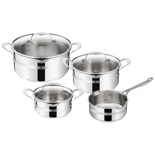 TEFAL JAMIE OLIVER COOK' SMART, Batterie de cuisine 7 pièces en acier inoxydable : casserole 16 cm + faitouts 16/20/24 cm + couvercles, E311S734