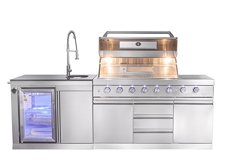 GORILLER® SG213 - Cucina per esterni, in acciaio inox/argento, con girarrosto e parapioggia