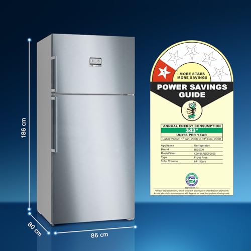 Image of Bosch 641L, 1 Star, Frost Free Inverter Double Door Refrigerator, XXL Space, VitaFresh Plus Technology, Digital Display Panel,Fat Boy series, Steel Finish (2026 Model) KDN86AID0I